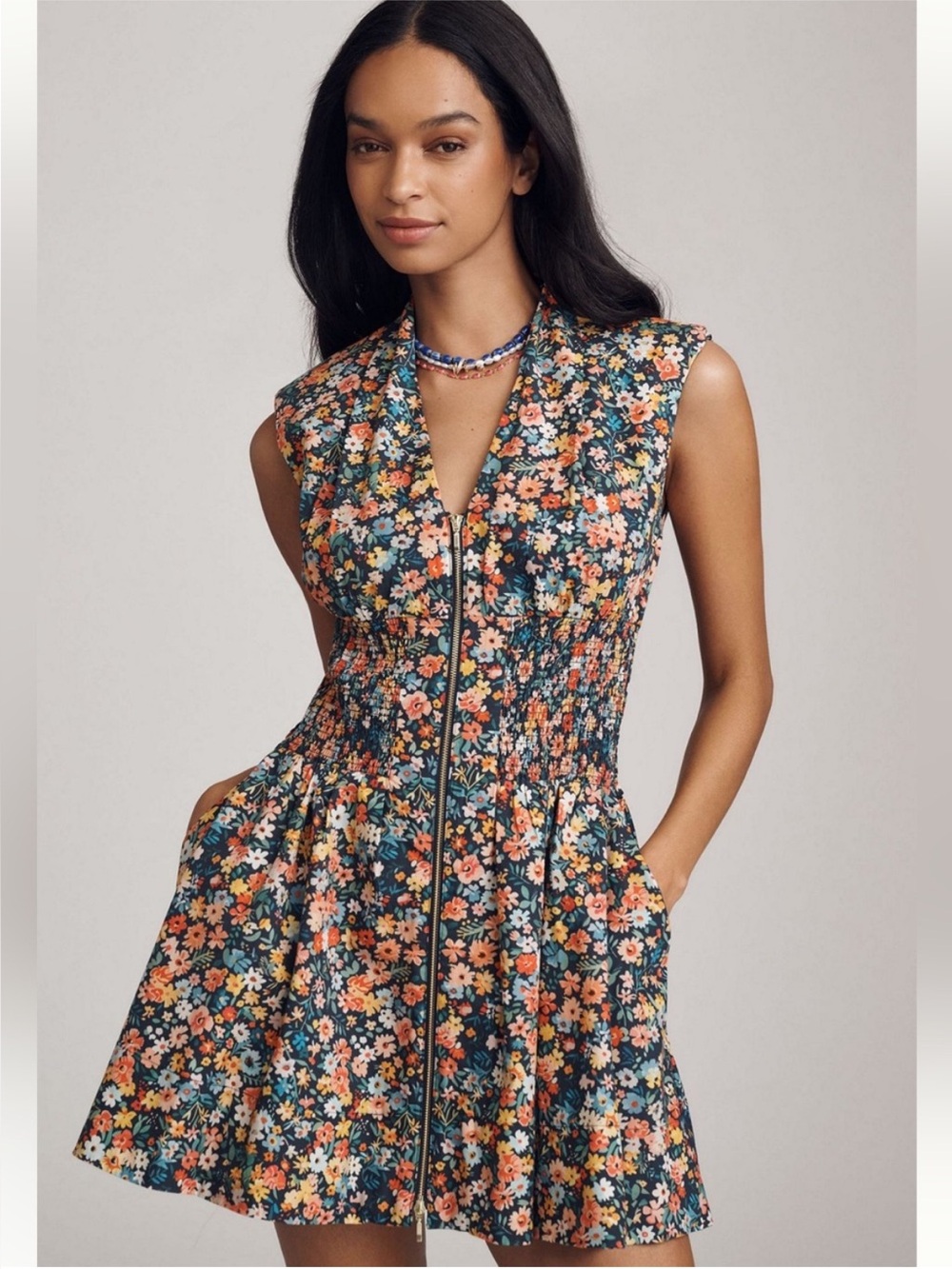 Anthropologie The Tommie Floral Smocked Front-Zip Mini Dress!